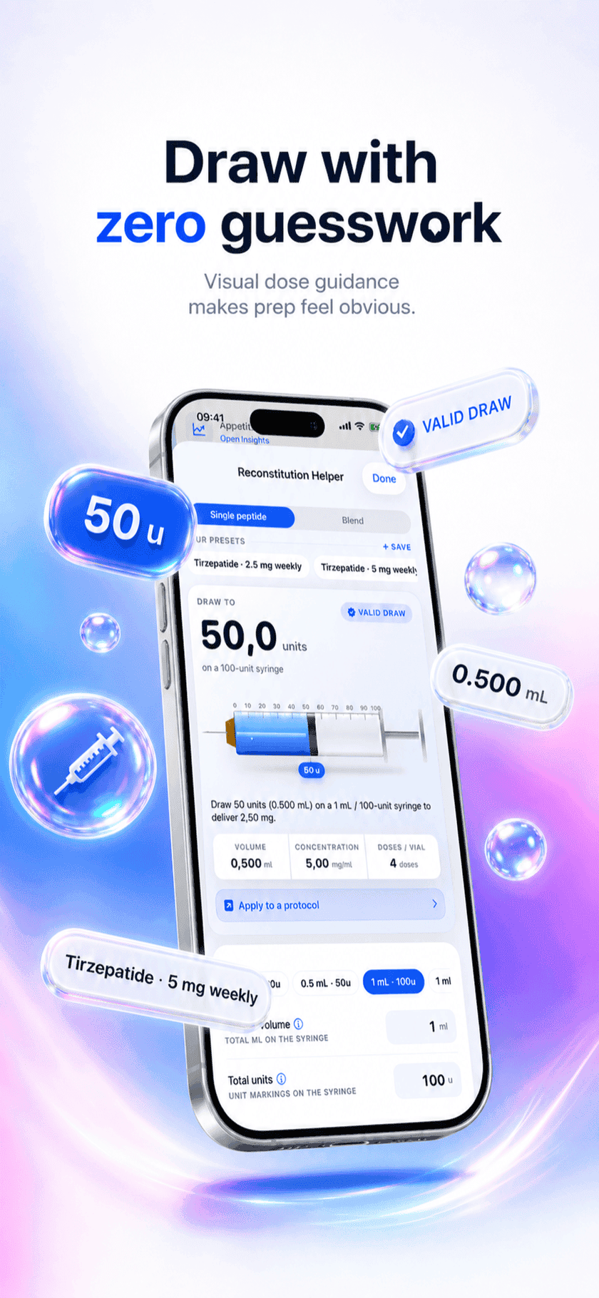 Reconstitution calculator showing 100 units on a U-100 insulin syringe at 1 mg/mL with a Tesamorelin 1 mg preset