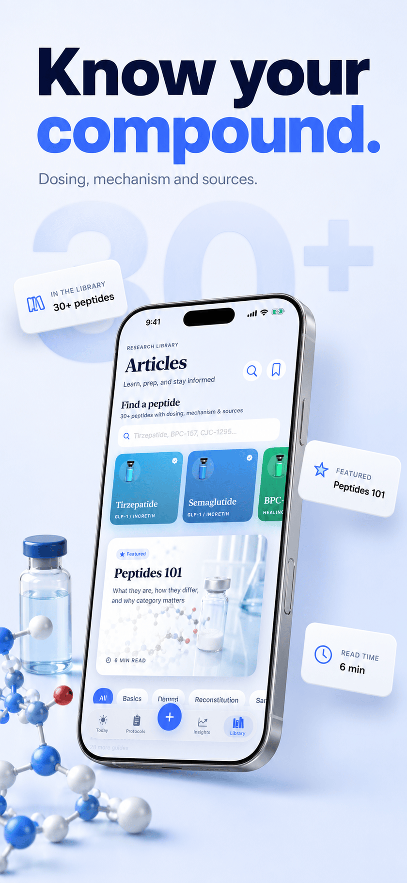 App Store screenshot: Peptide Protocol research library with 30+ peptides searchable by dosing, mechanism and sources, and a featured 6-minute Peptides 101 read, captioned ‘Know your compound’