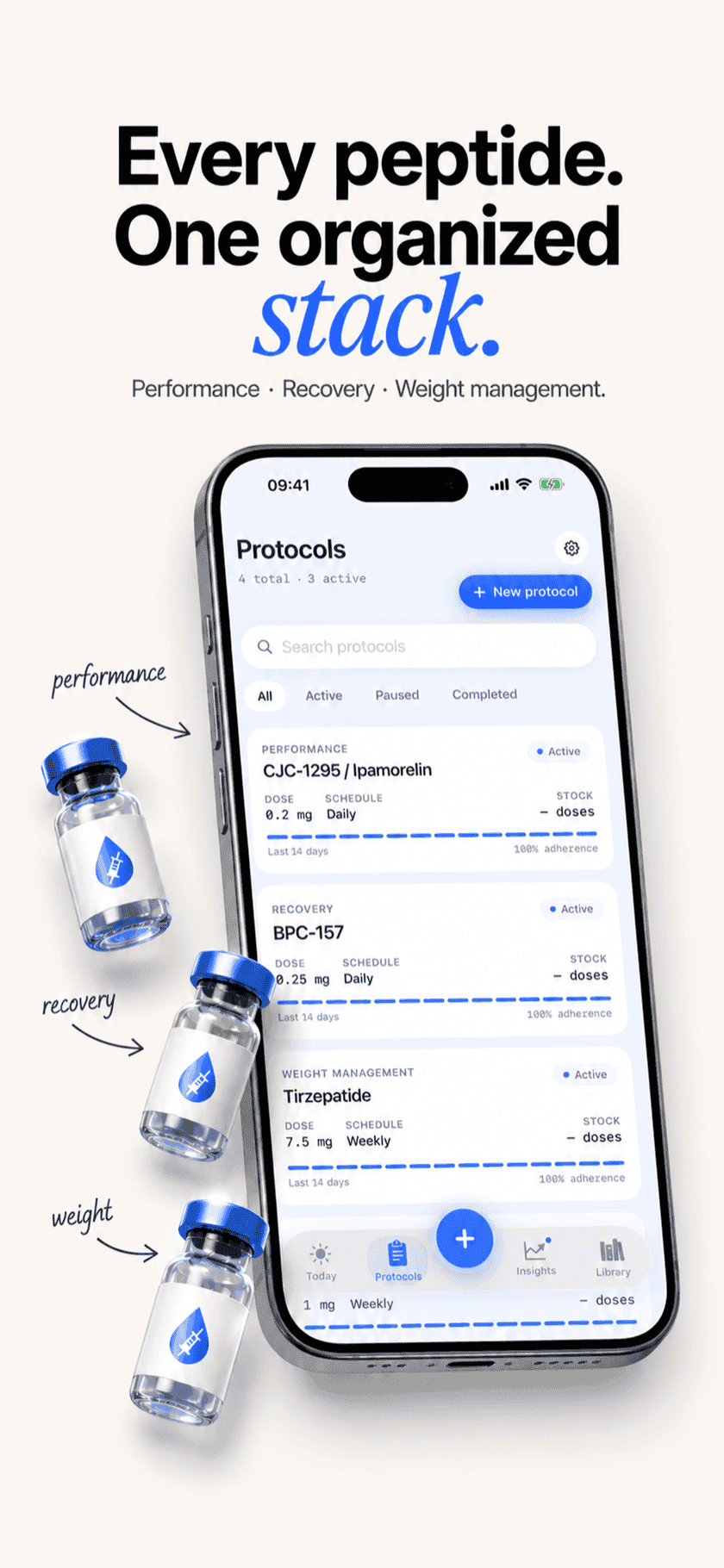 Protocols screen with multiple peptide protocols listed — CJC/Ipamorelin, BPC-157, Tirzepatide