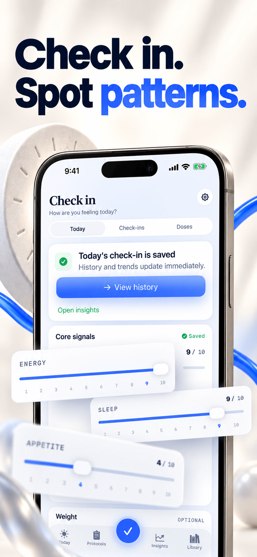 App Store screenshot: Peptide Protocol daily check-in with core signals saved — Energy 9/10, Sleep 8/10 and Appetite 4/10 — captioned ‘Check in. Spot patterns.’