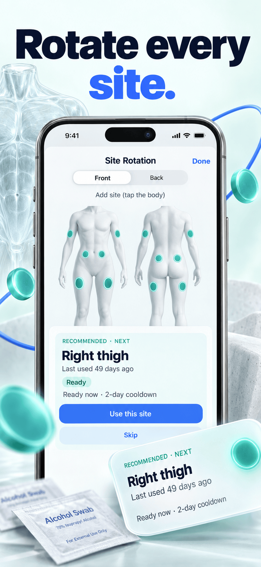 App Store screenshot: Peptide Protocol injection-site rotation body map recommending Right deltoid, last used 49 days ago, with a 2-day cooldown, captioned ‘Rotate every site’