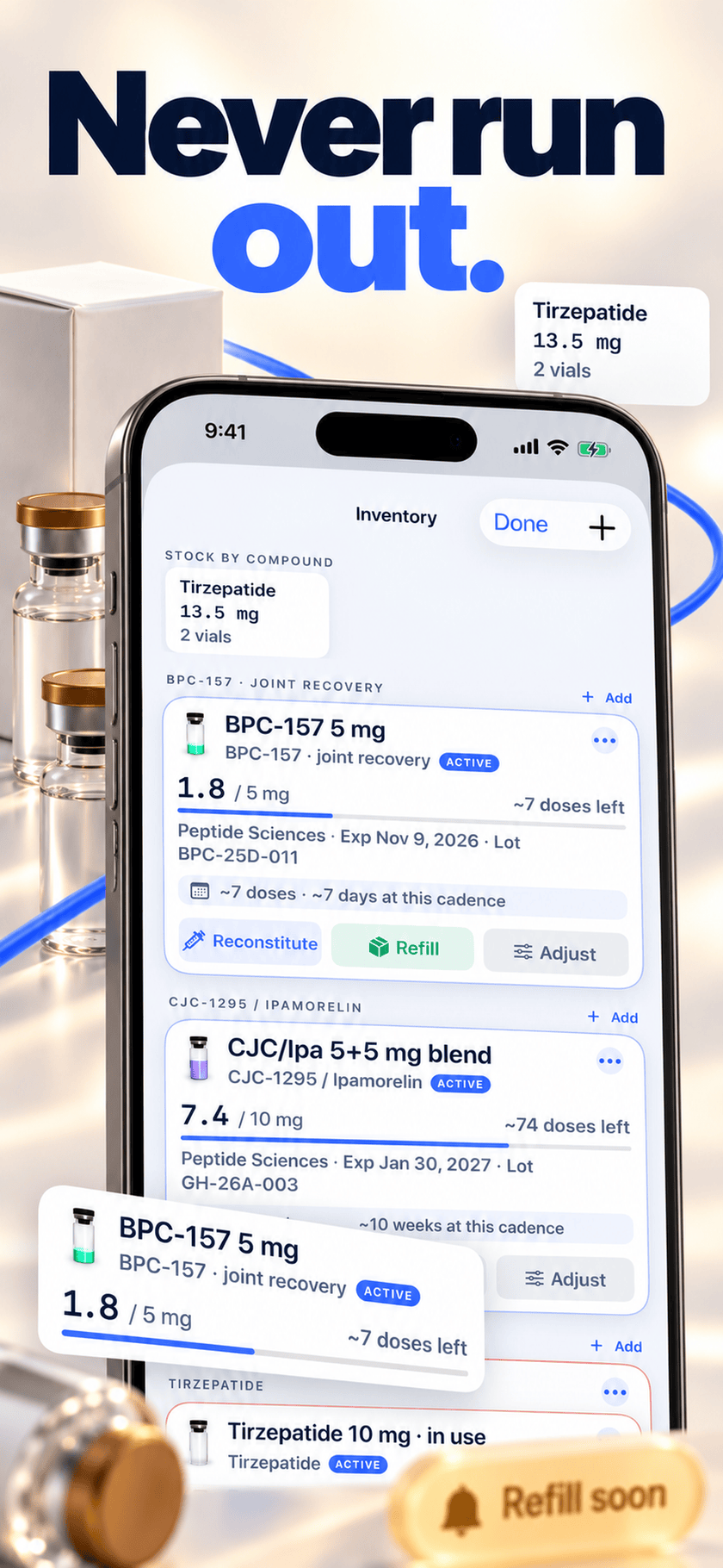 App Store screenshot: Peptide Protocol vial inventory with about 7 doses left of BPC-157, 13.5 mg of Tirzepatide across 2 vials and a Refill soon flag, captioned ‘Never run out’