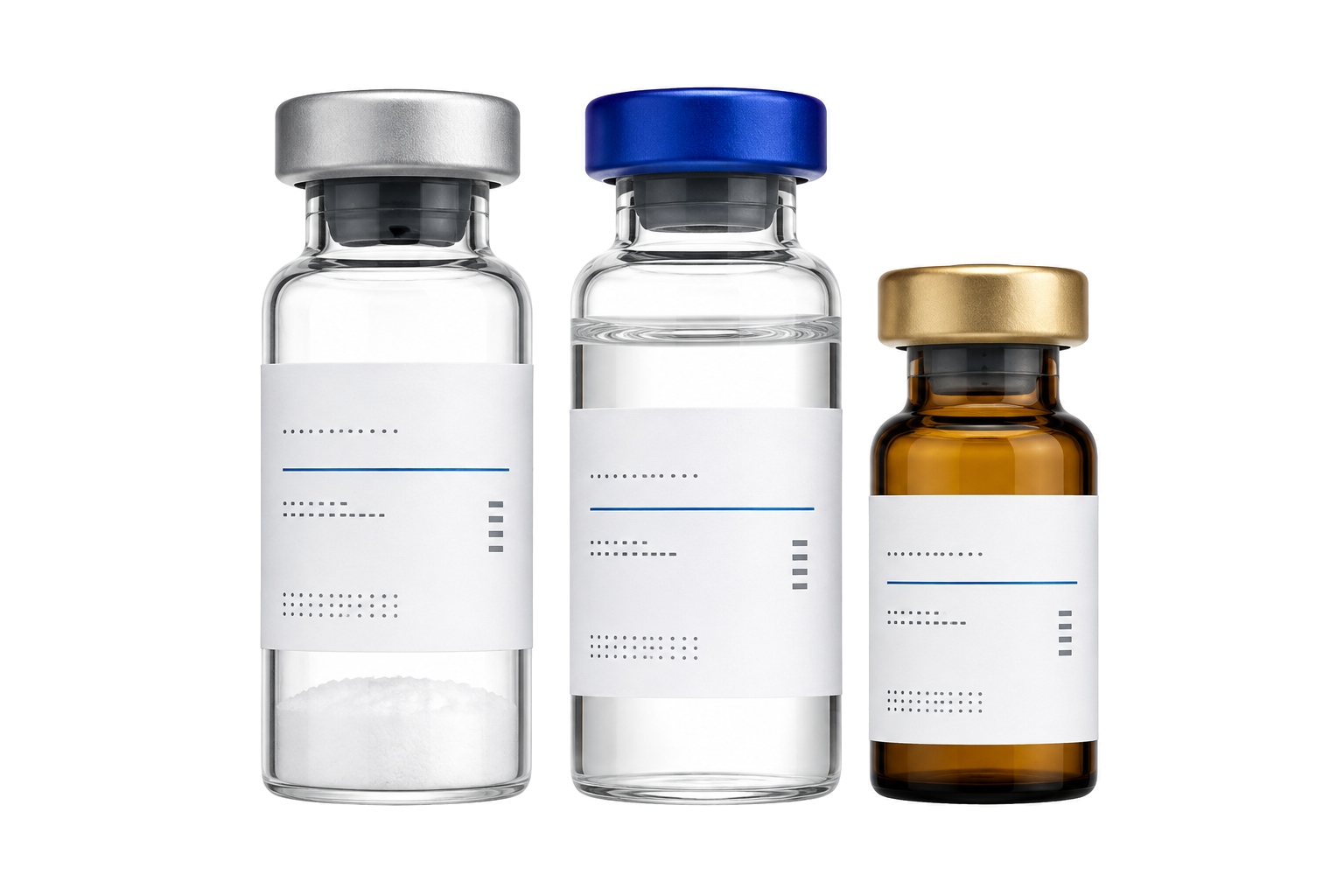 Three peptide vials — a lyophilised-powder vial, a bacteriostatic water vial and an amber vial — representing the compounds Peptide Protocol tracks