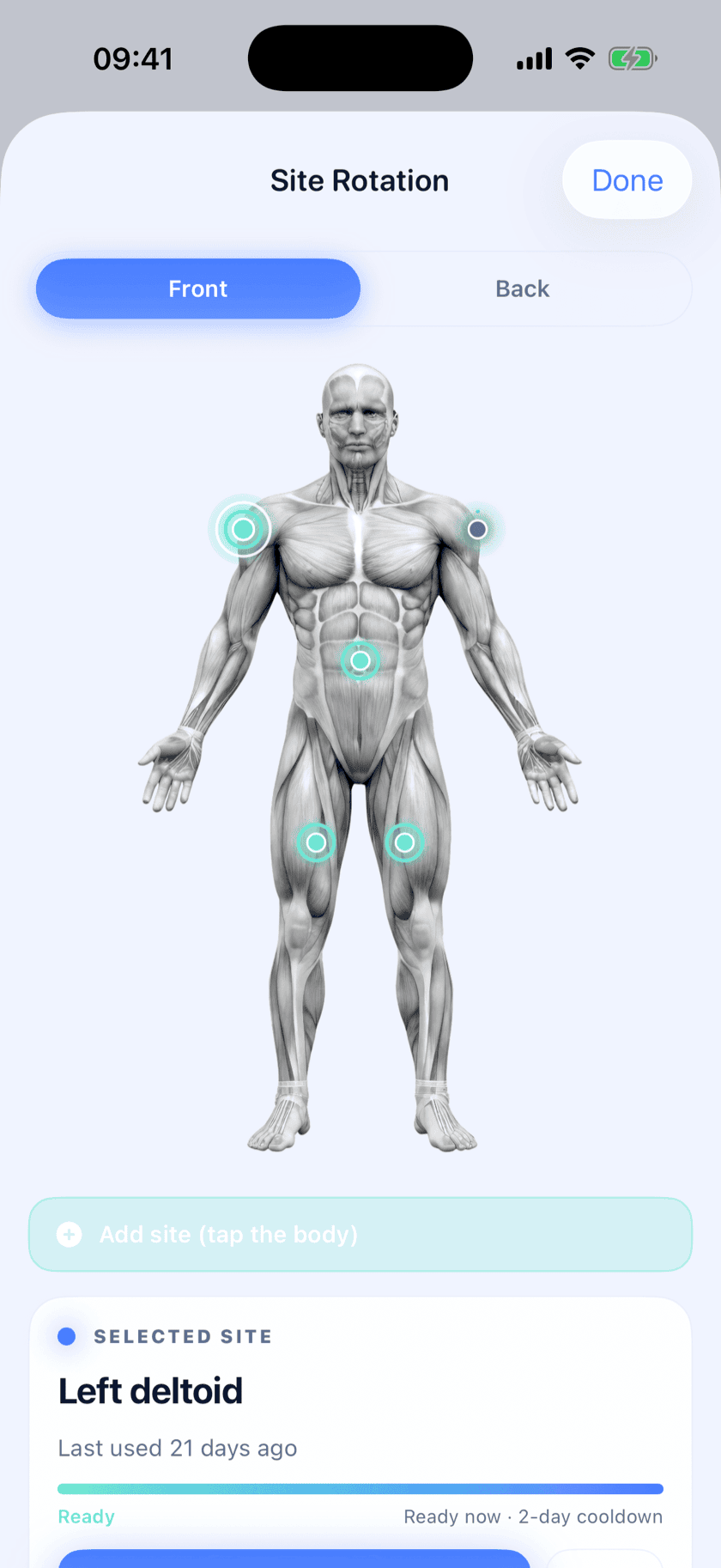 Peptide Protocol injection-site rotation body map on iPhone with Left deltoid Ready now, last used 21 days ago, and a 2-day cooldown