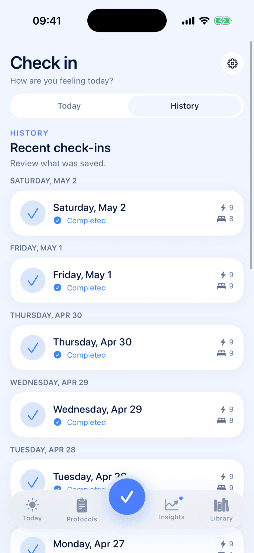 Peptide Protocol check-in history with completed days from Saturday May 2 back through Monday Apr 27 — energy and sleep logged daily