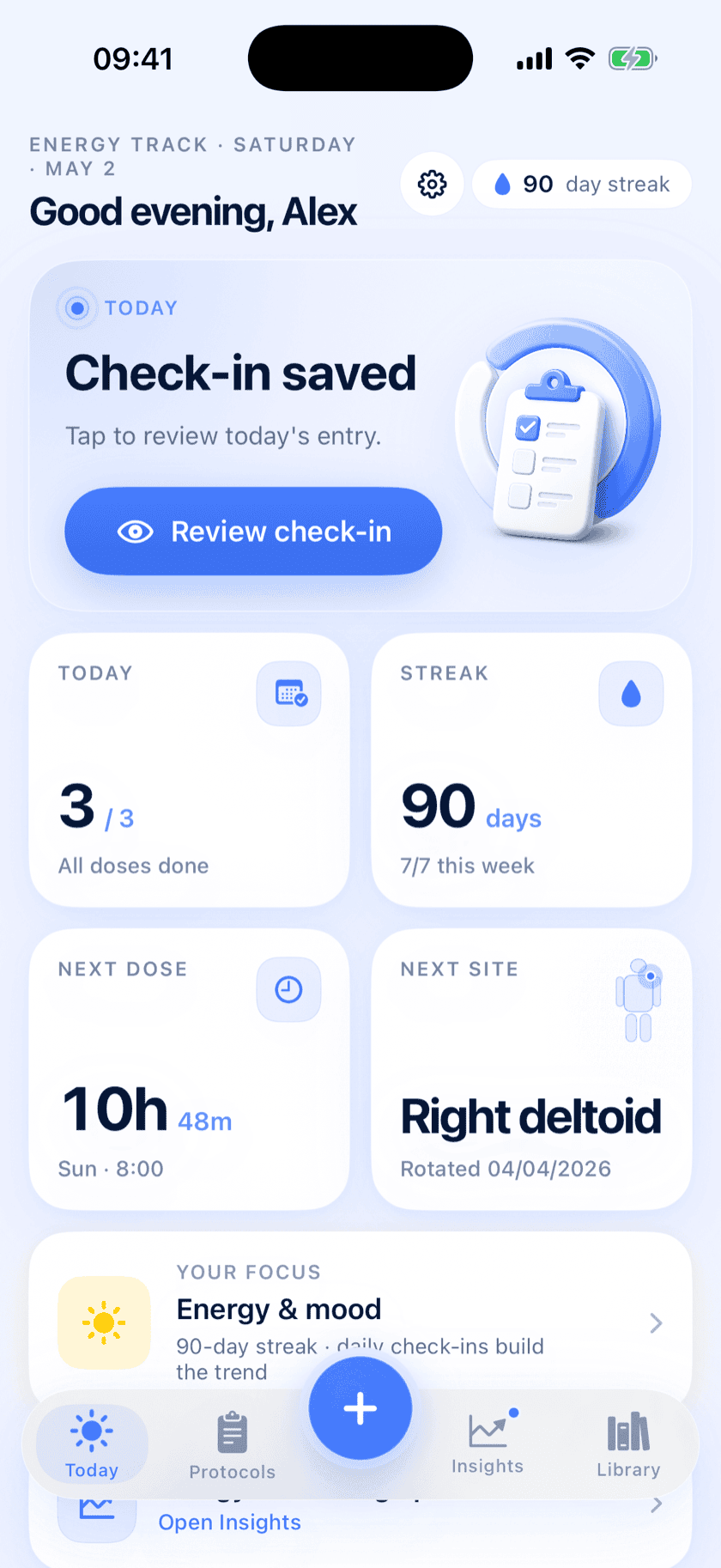 Peptide Protocol Today screen on iPhone — 3 of 3 doses done, 90-day streak, next dose in 10h, next site Right deltoid