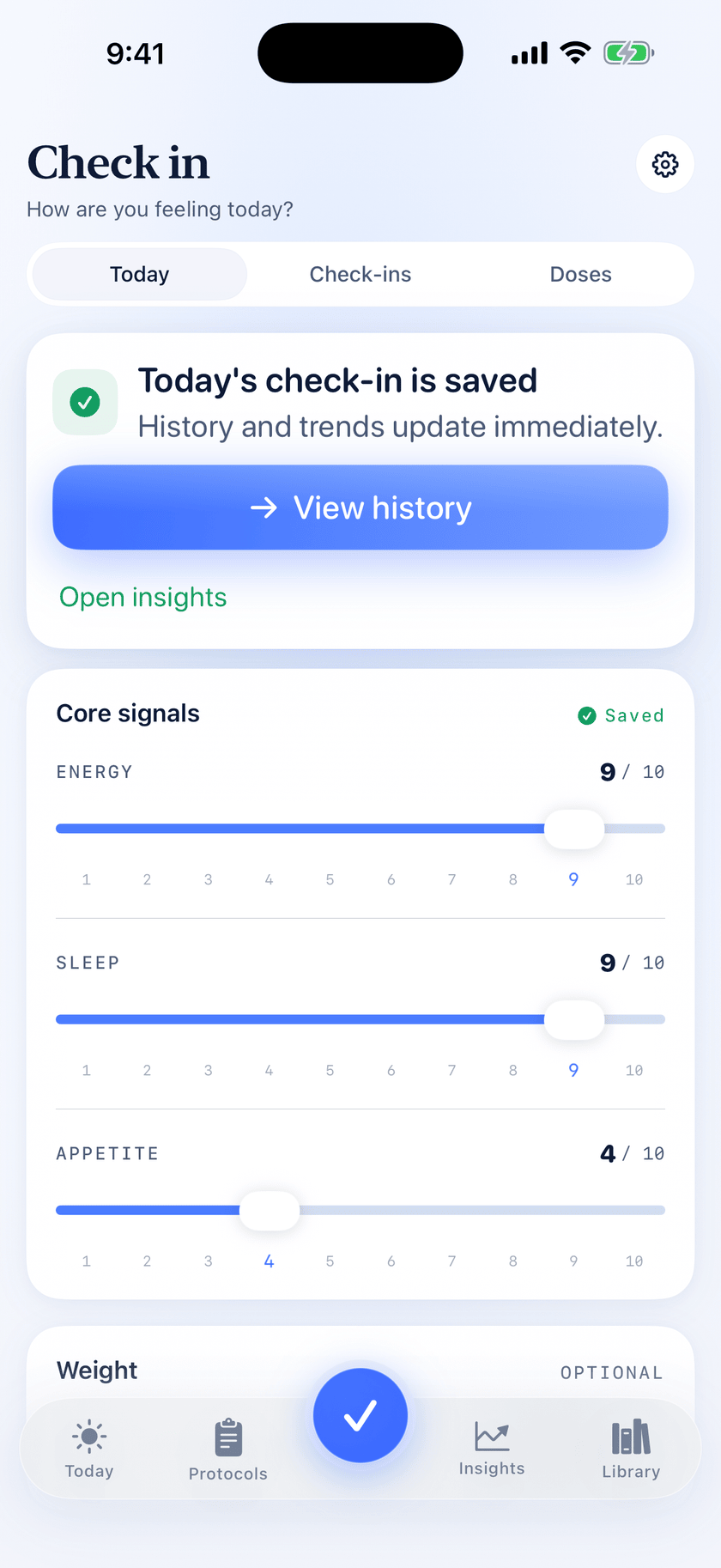 Peptide Protocol daily check-in with core signals saved — Energy 9/10, Sleep 8/10 and Appetite 4/10