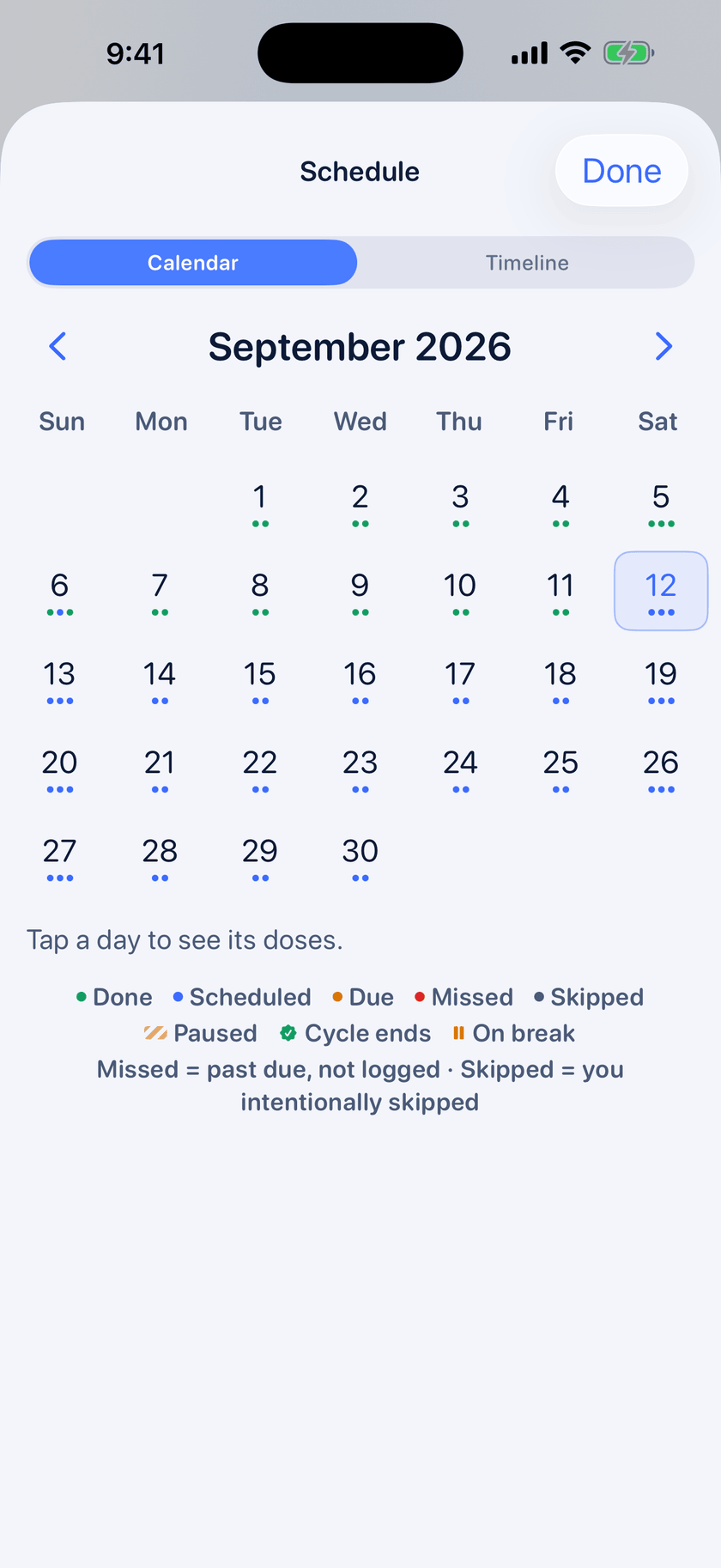 Peptide Protocol schedule calendar for September 2026 showing completed, scheduled, due, missed, skipped and paused doses