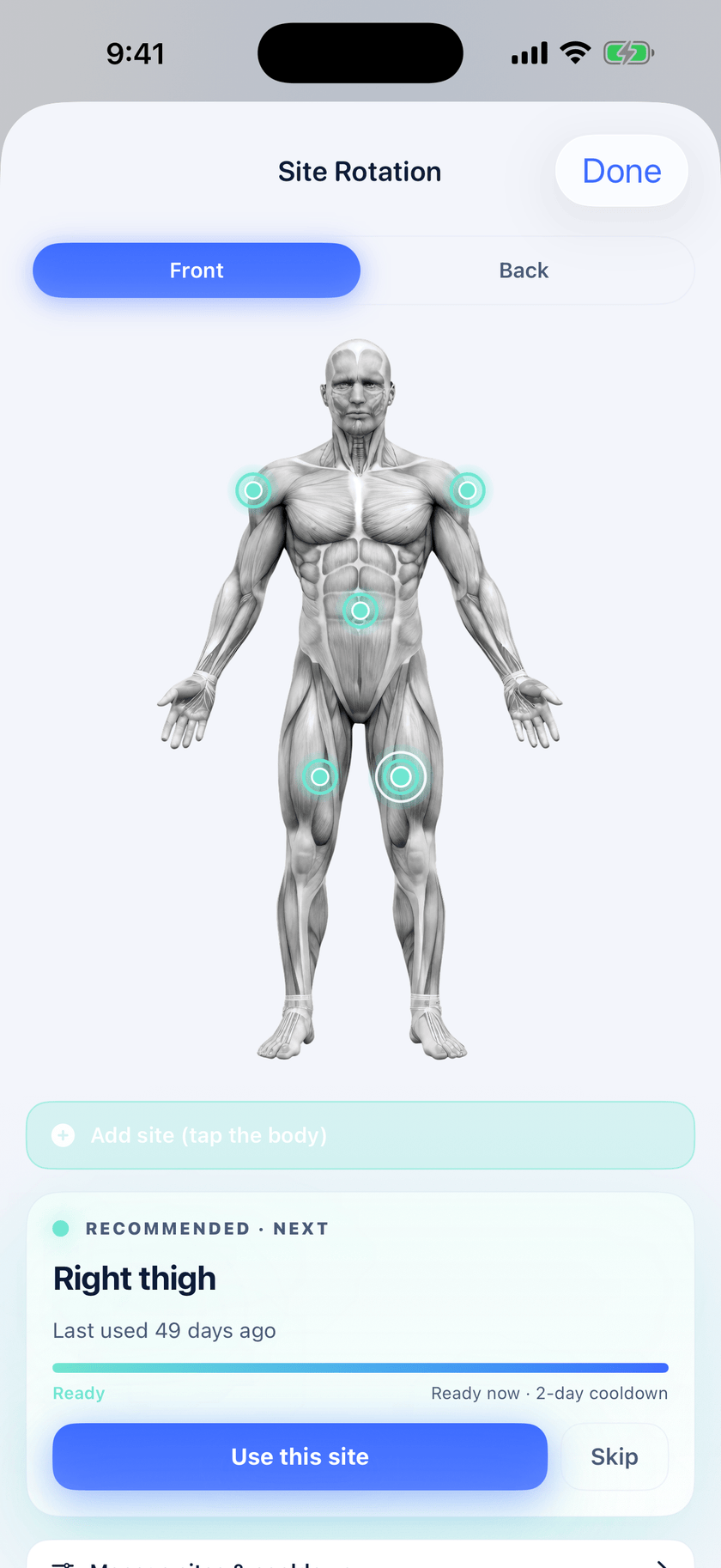 Peptide Protocol injection-site rotation body map showing ready and cooling-down locations on iPhone