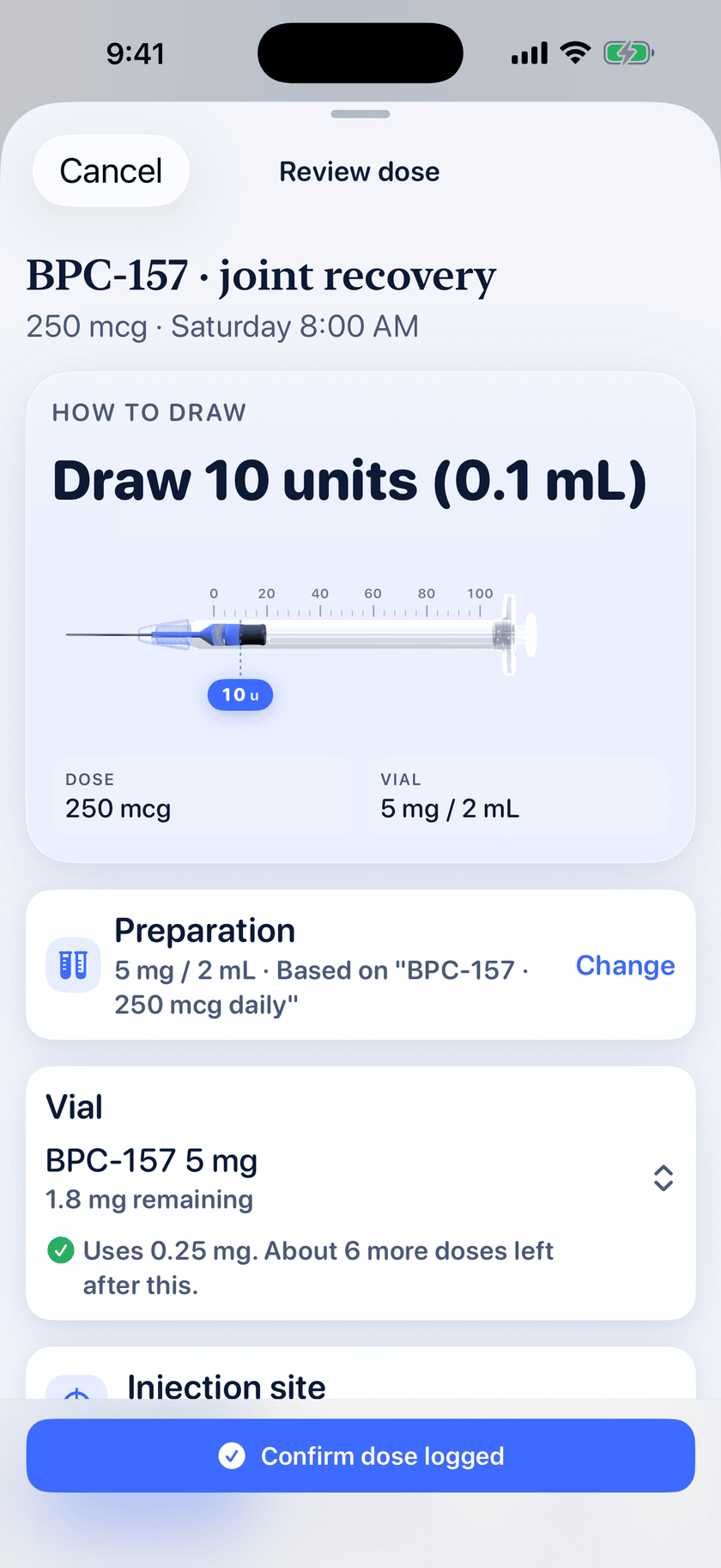 Peptide Protocol dose-review sheet showing a 250 mcg BPC-157 dose, 10-unit syringe draw, vial balance and confirmation action
