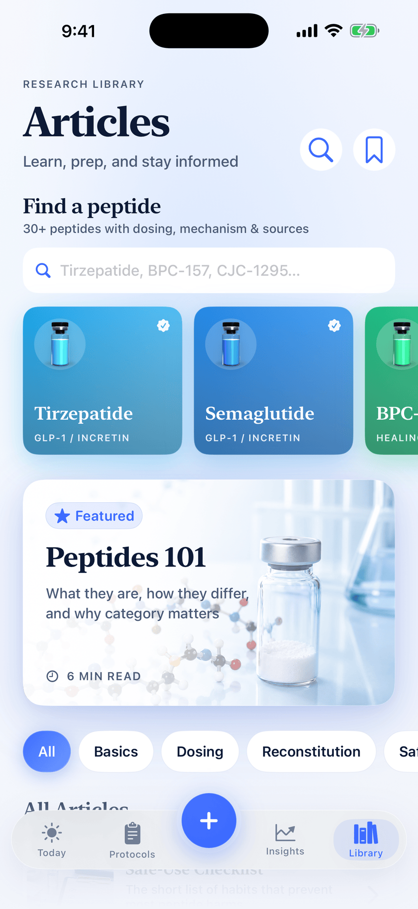 Peptide Protocol research library with 30+ peptides searchable by dosing, mechanism and sources, and a featured 6-minute Peptides 101 read