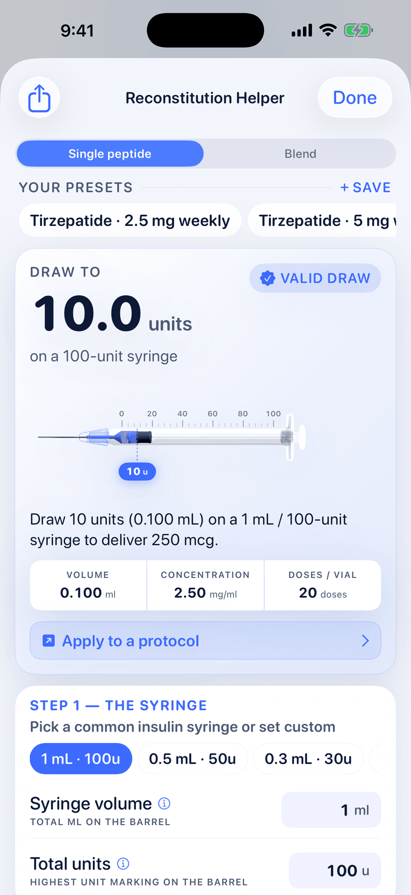 Peptide Protocol reconstitution calculator showing concentration, draw volume and syringe units on iPhone