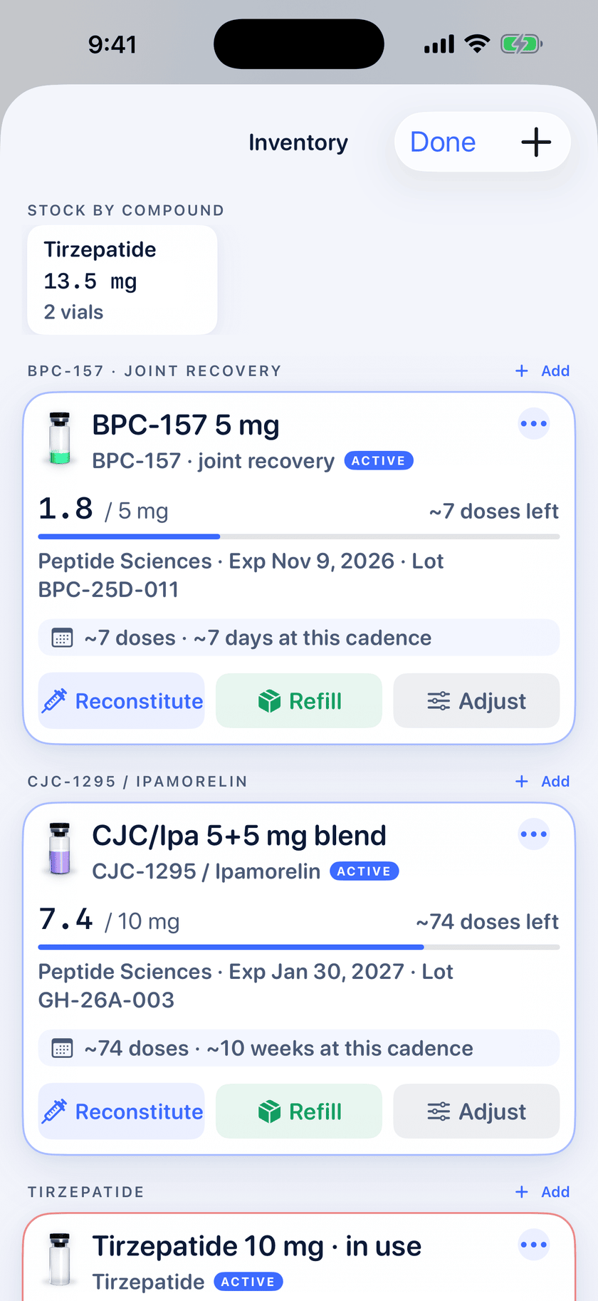 Peptide Protocol vial inventory screen with doses remaining and refill-soon alerts on iPhone